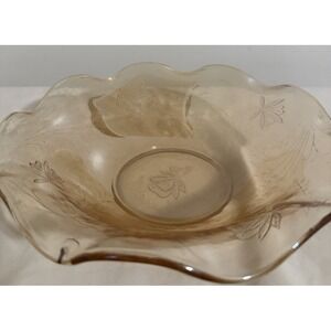 Vintage Jeanette Depression Glass, Amber Iris Herringbone Ruffle Edge Fruit Bowl